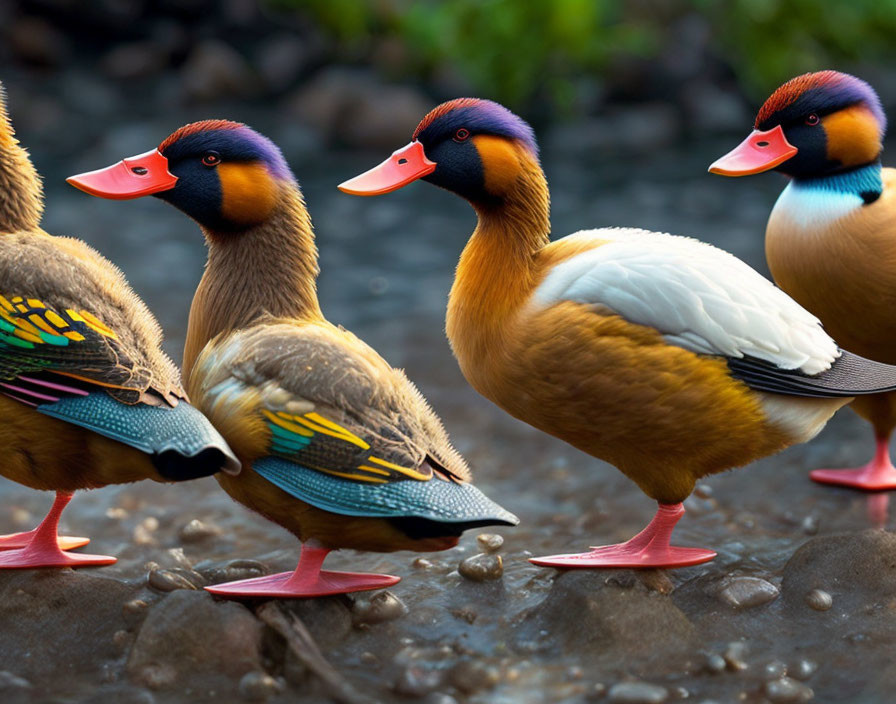 Vibrant Mandarin Ducks with Colorful Plumage and Pink Beaks