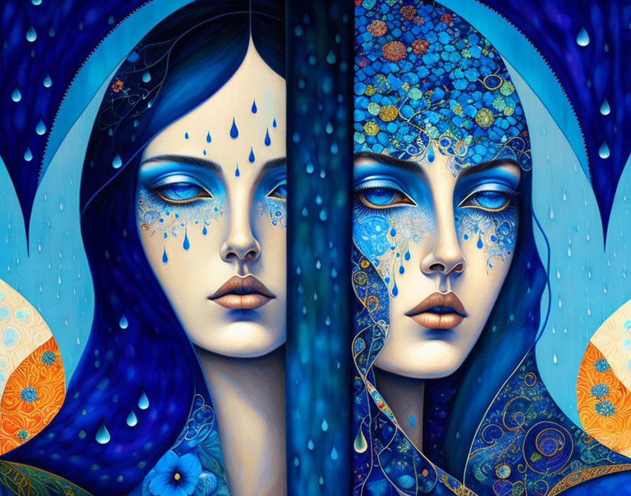 Colorful digital artwork of woman's face with intricate blue patterns