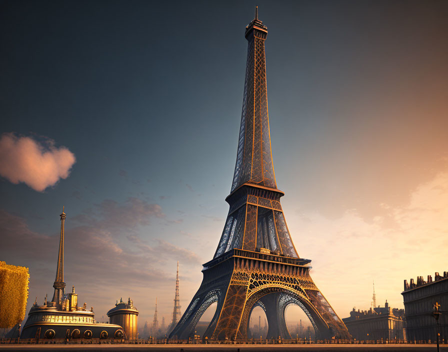 Iconic Eiffel Tower at sunset with intricate metalwork and Parisian backdrop