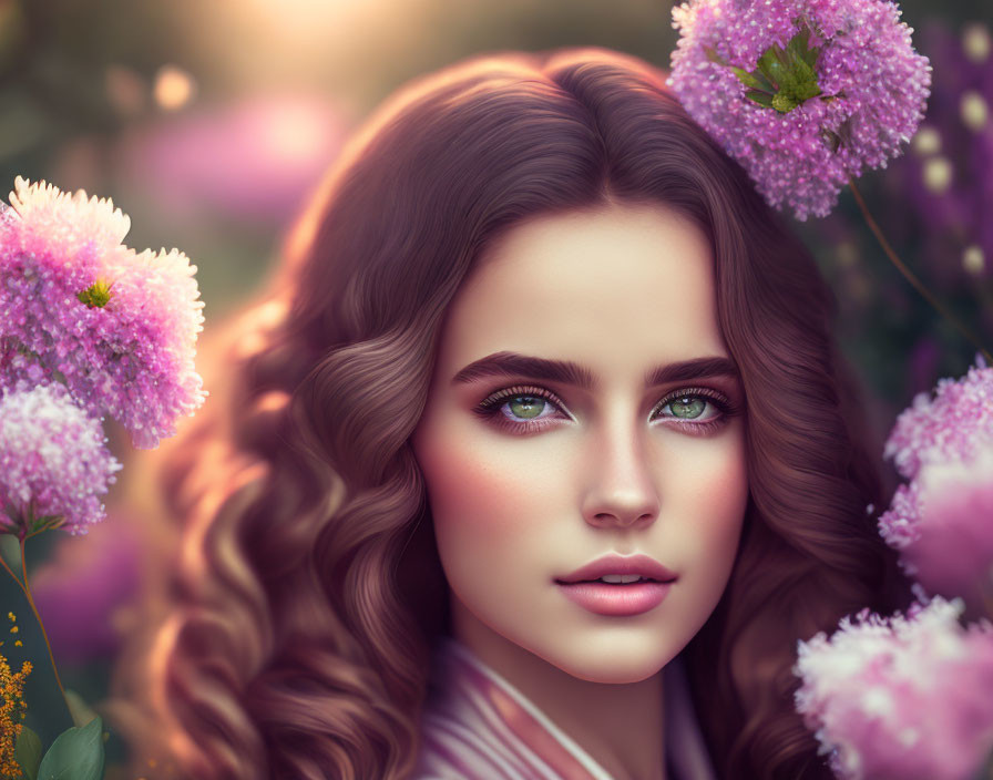 Digital illustration of woman with wavy hair and green eyes among purple flowers