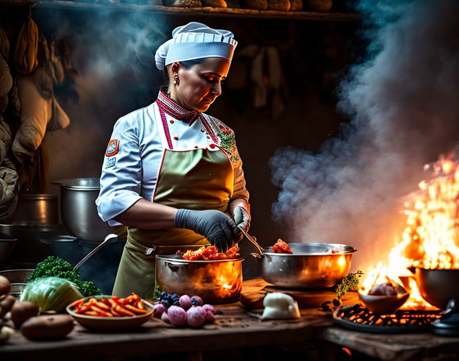 Chef cooking over flaming stove with fresh vegetables in rustic kitchen