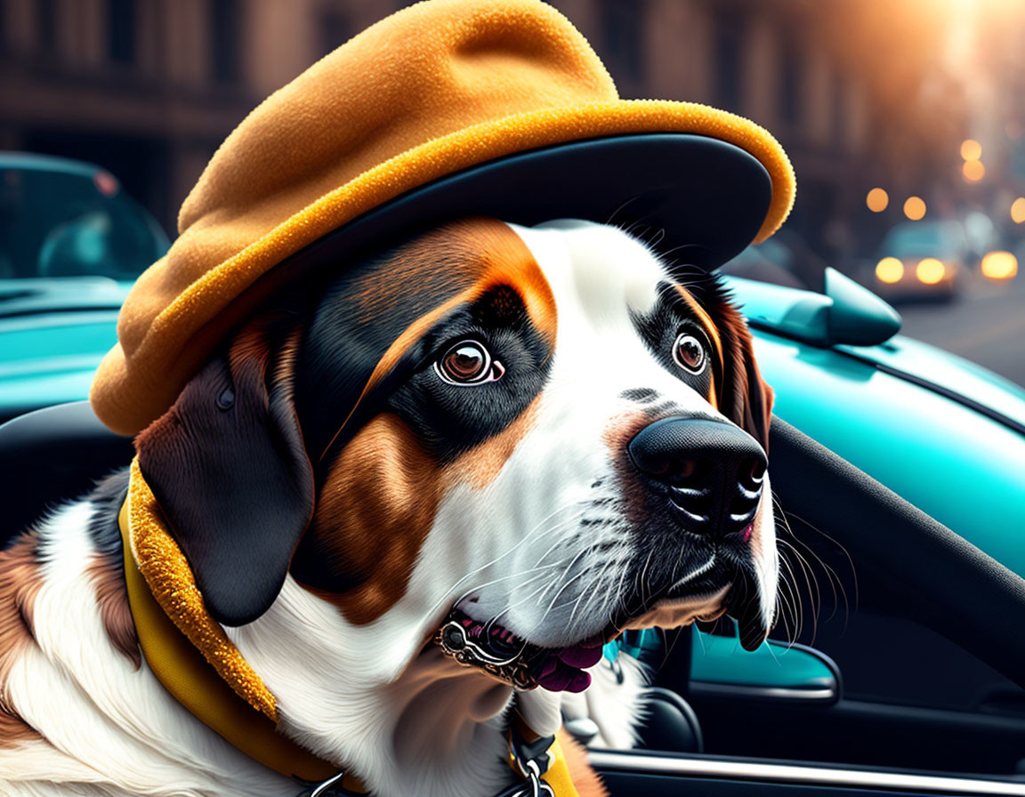 Saint Bernard Dog in Yellow Hat and Scarf Sitting in Car with City Background