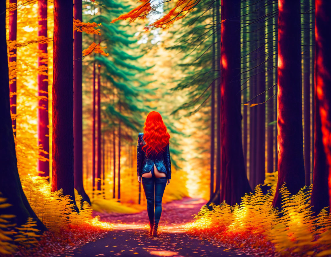 Red-haired woman strolling in vibrant autumn forest landscape