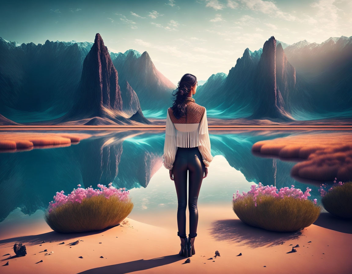 Woman admires serene landscape with floating islands, mountains, and desert surroundings