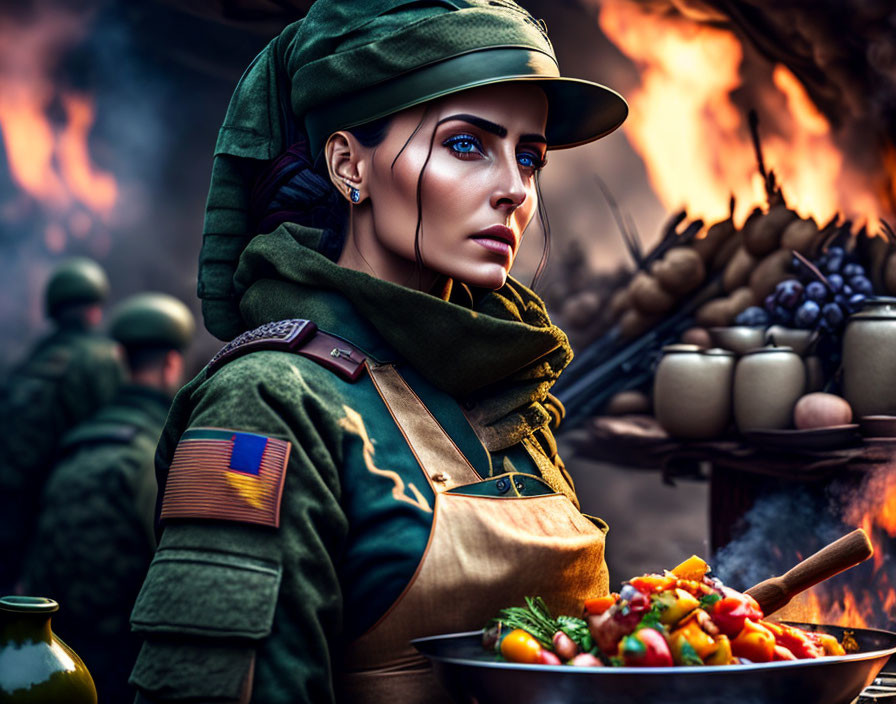 Female cook in military uniform prepares food among soldiers and supplies.