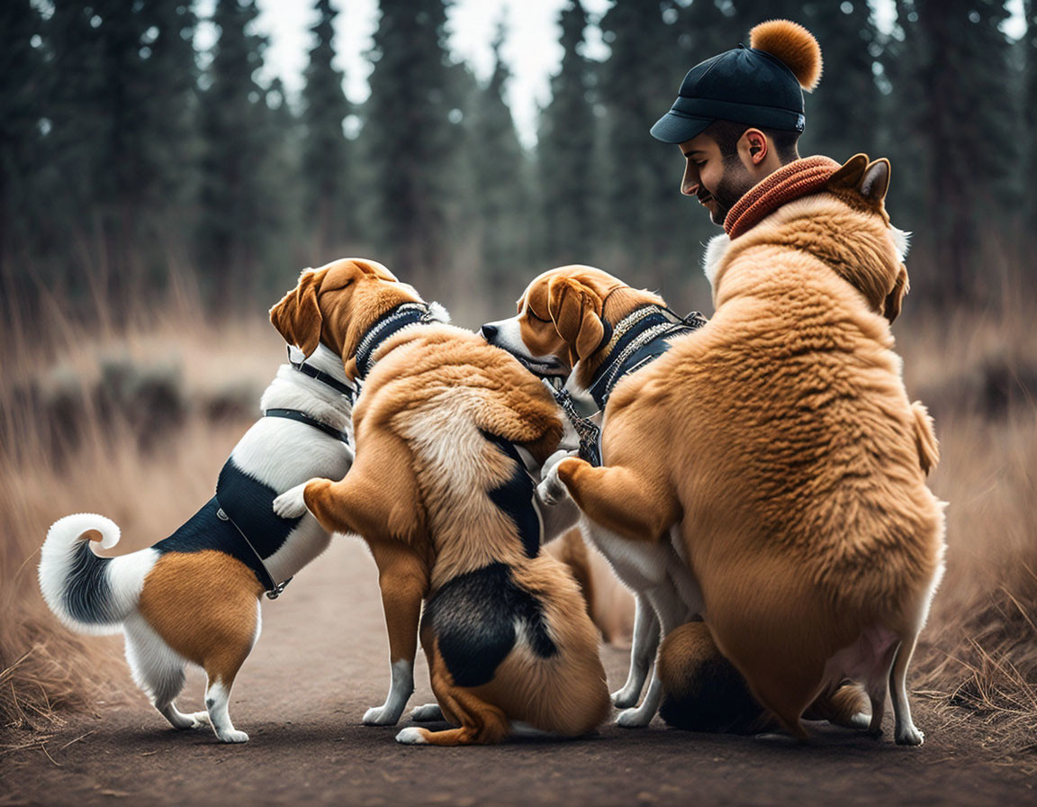 Man with Five Dogs on Forest Path Showing Camaraderie