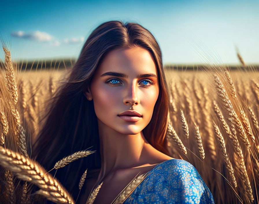 Woman with Blue Eyes in Golden Wheat Fields and Clear Sky