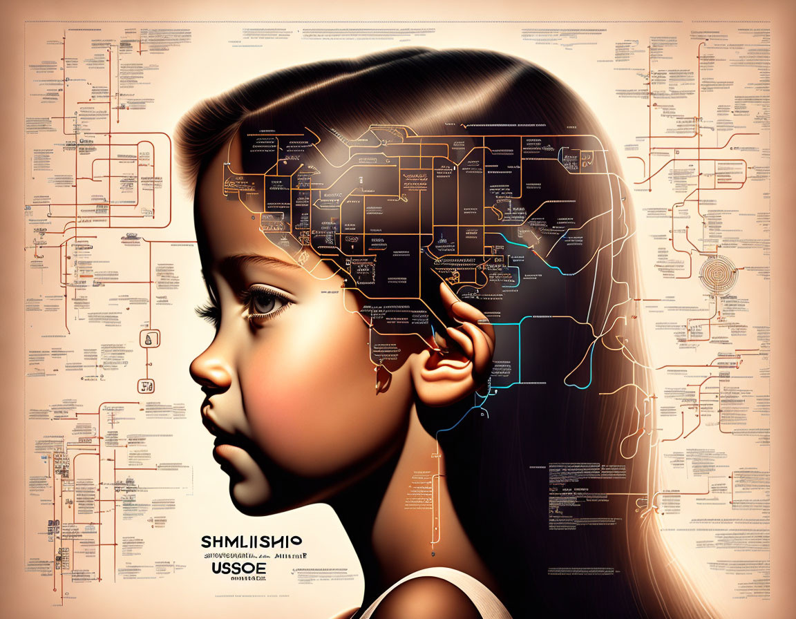 Girl illustration with circuitry diagram overlay symbolizing complex thinking.