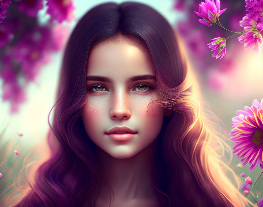 Young woman with long wavy hair surrounded by vibrant flowers in dreamy lighting.