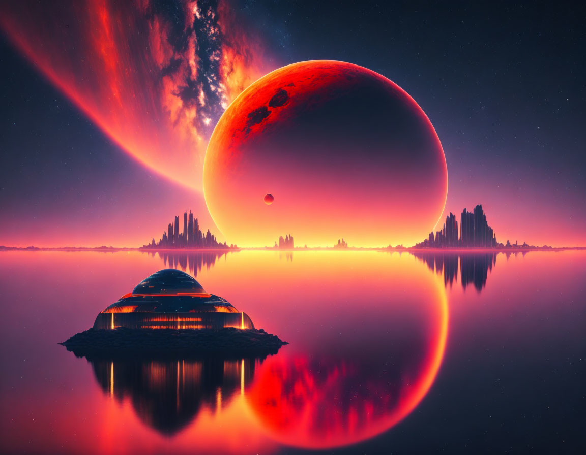 Surreal landscape with red planet, dome structure, and alien rock formations