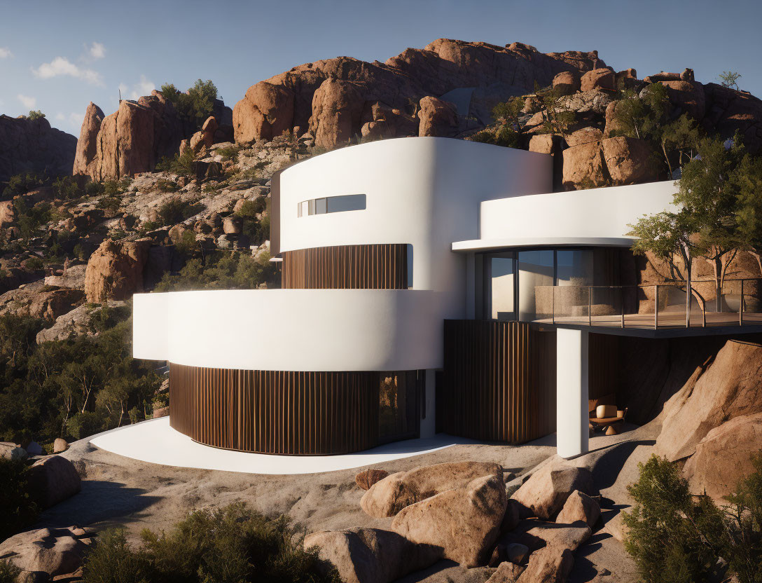 Curved multi-level house with white and timber facade in hilly landscape