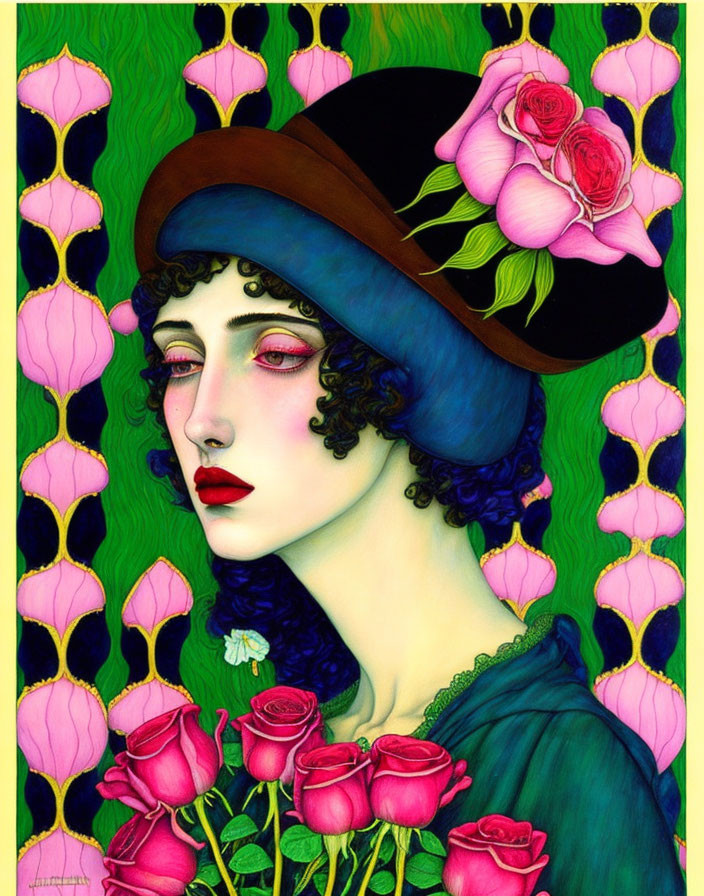 Art Nouveau Woman in Blue Hat with Pink Roses and Floral Surroundings