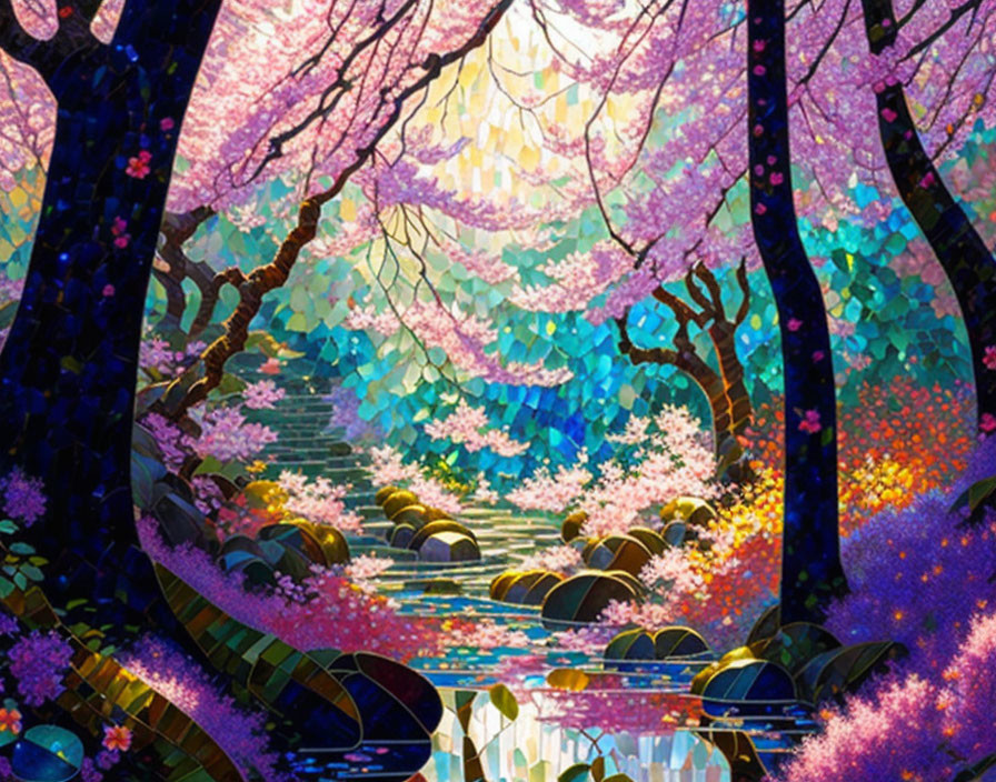 Colorful Blooming Trees Over Reflective Stream in Magical Forest Path