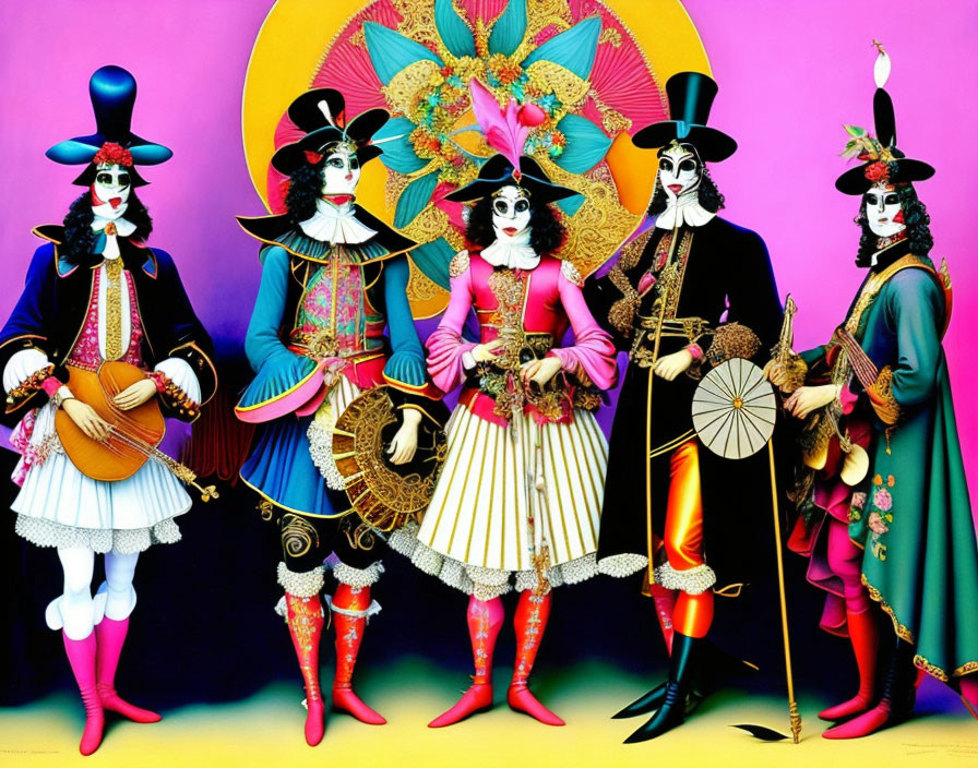 Vibrant Figures in Baroque-Inspired Masks and Costumes on Colorful Background