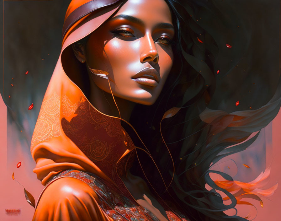 Surreal portrait of a woman with orange scarf and swirling leaves