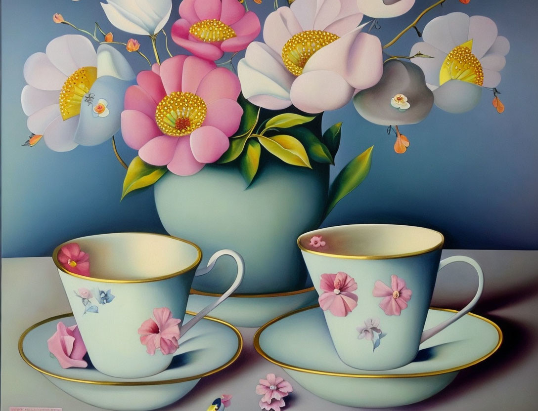 Ornate floral teacups with saucers and pastel blooms on blue background