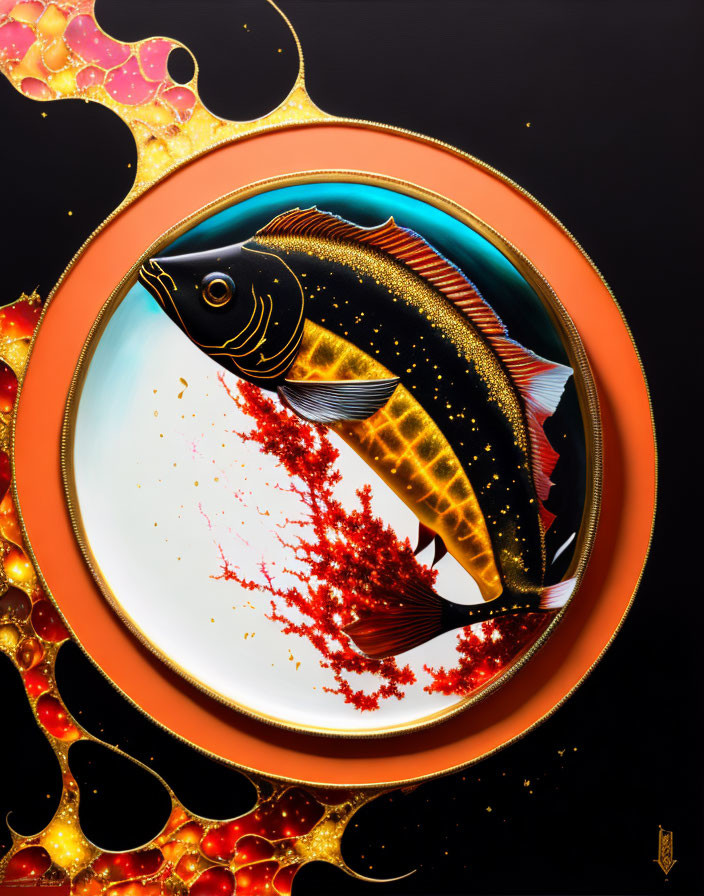 Surreal digital artwork: fish in orange circle with vibrant swirls