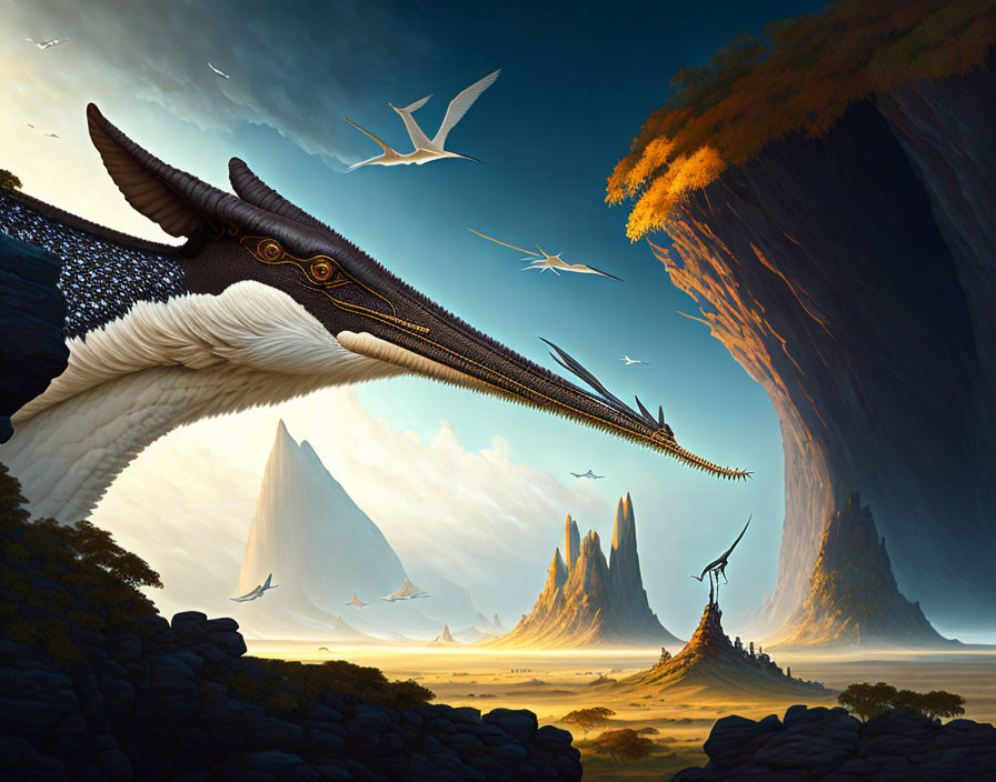 Majestic dinosaur and Pterosaur in rocky landscape under blue sky