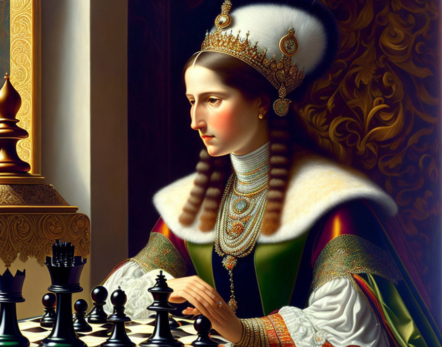 Regal woman in pearl crown and fur robe contemplates chessboard