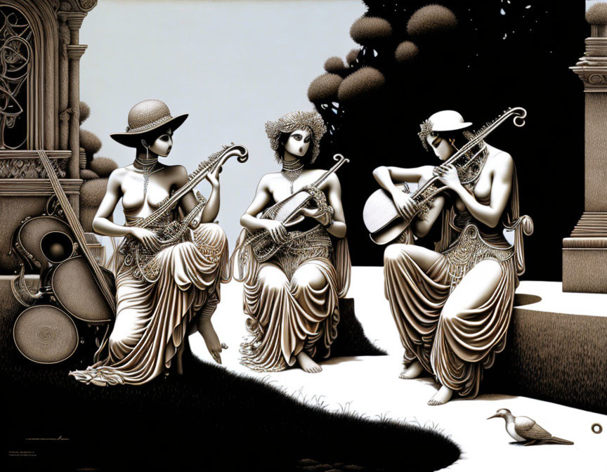 Monochromatic artwork of three women playing instruments with a bird, ornate backdrop