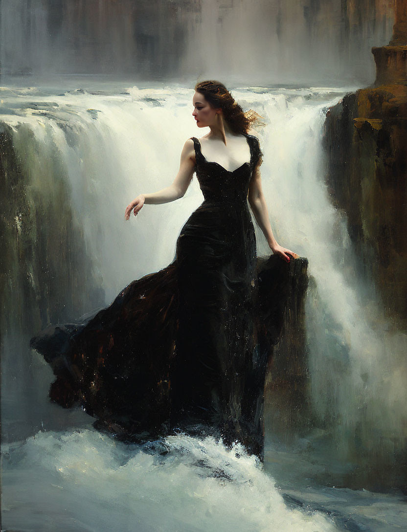 Woman in black dress by churning waterfall with serene pose and mist