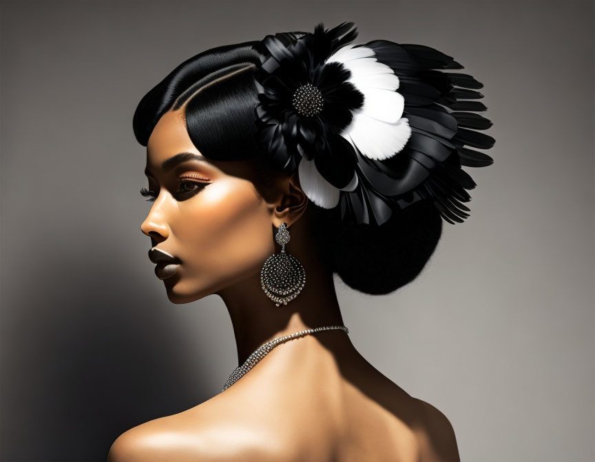 Woman's Profile Featuring Elaborate Black and White Hair Accessory