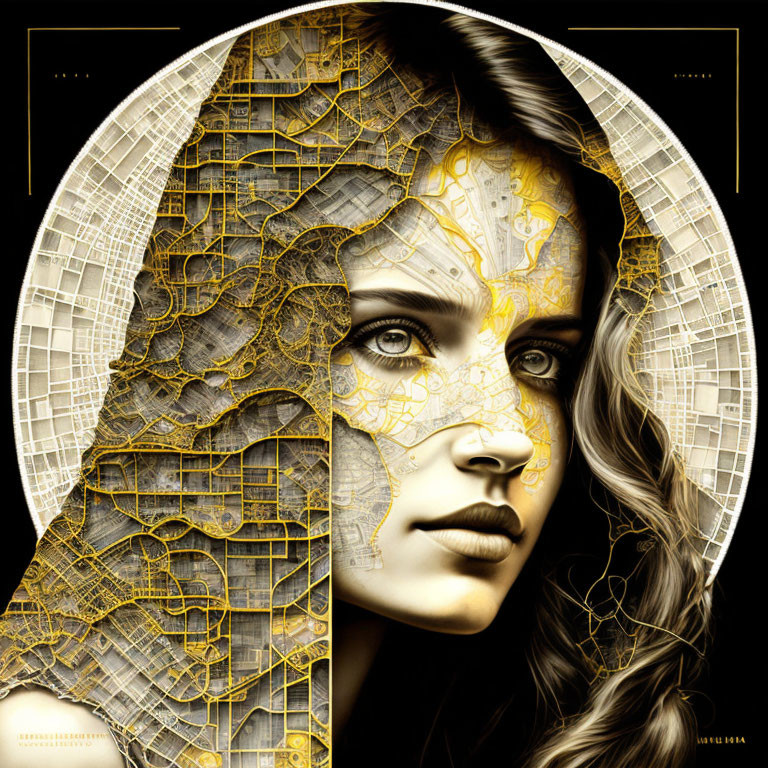 Digital portrait featuring woman with map overlay on half face