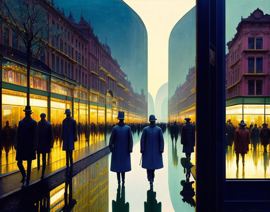 Mirrored buildings and silhouetted figures in surreal cityscape
