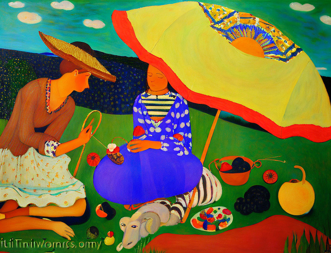 Stylized figures with umbrella on grass, picnic spread, fruits, and dog - folk art aesthetic