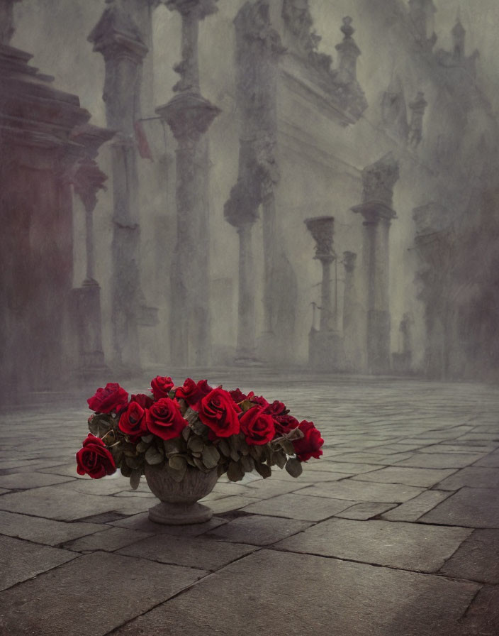 Red Roses Bouquet in Stone Vase Against Gothic Background