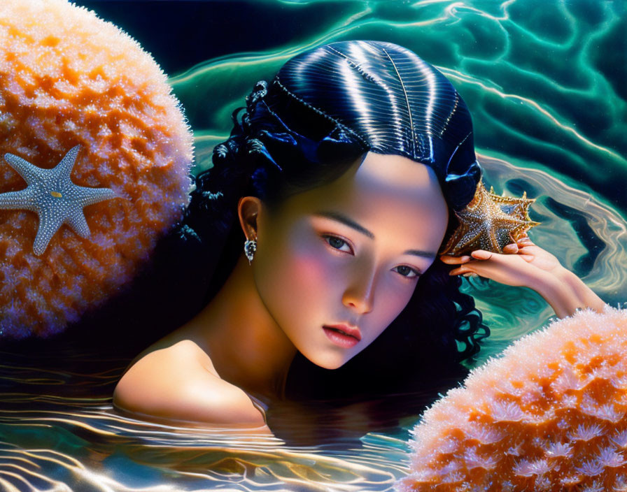 Detailed Surreal Portrait of Woman Submerged in Water with Coral and Starfish