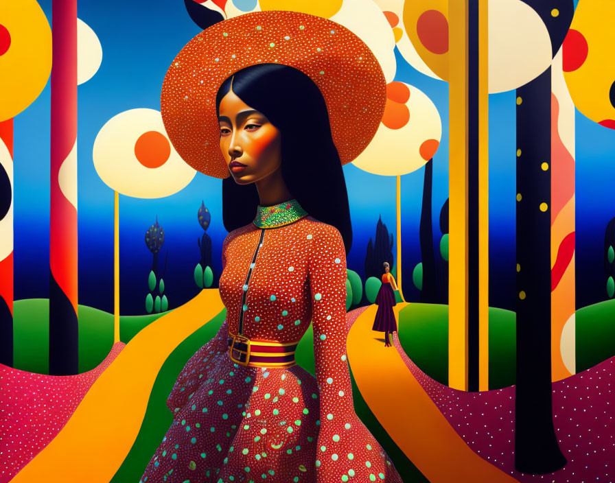 Colorful Stylized Woman in Wide-Brimmed Hat in Abstract Landscape