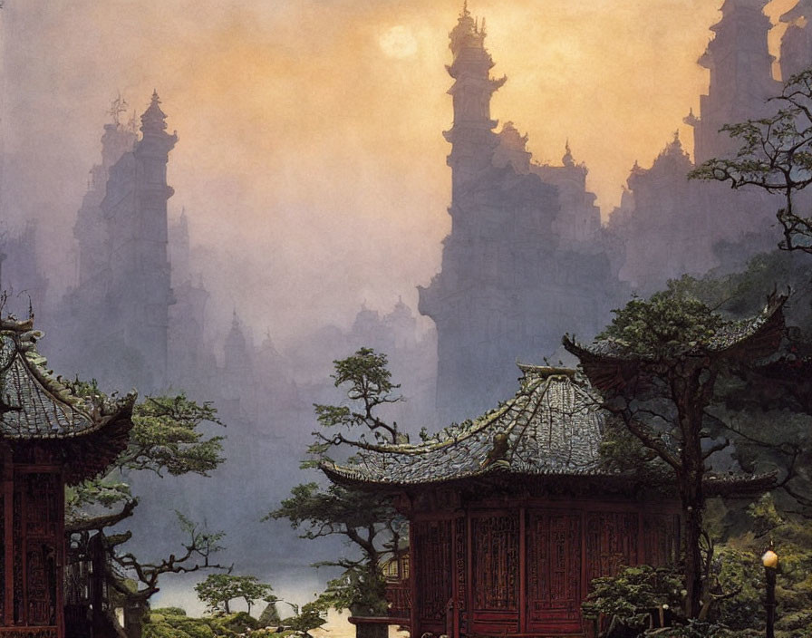 Asian-style pavilions in misty mountains under warm sky