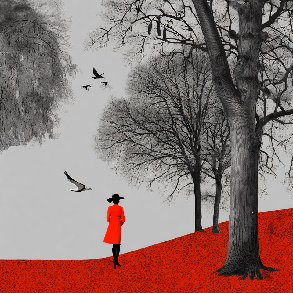 Monochromatic winter landscape with woman in red coat and birds in flight