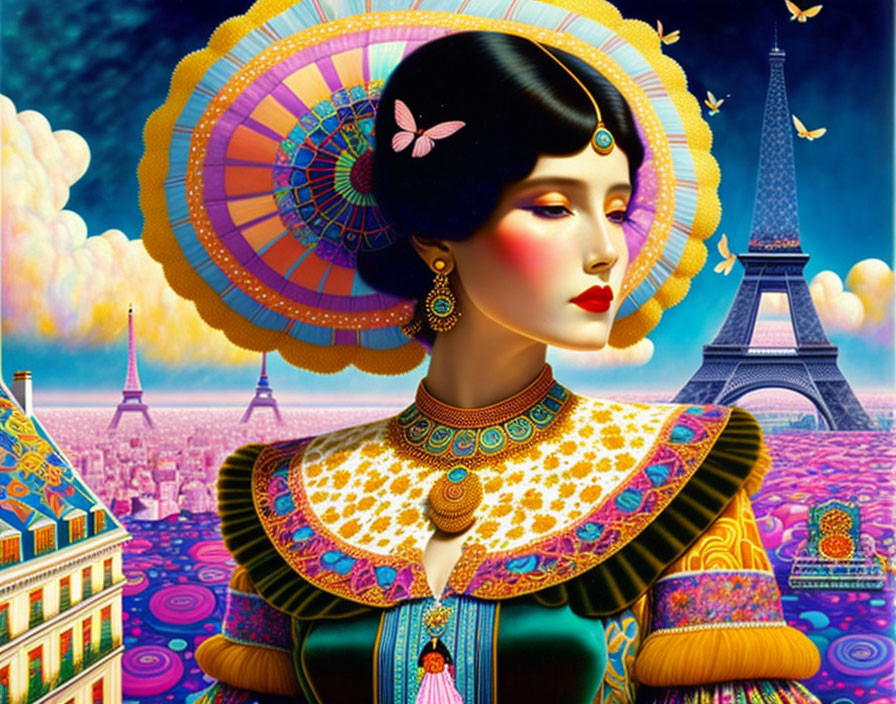 Colorful portrait of woman with intricate headdress and Eiffel Tower backdrop