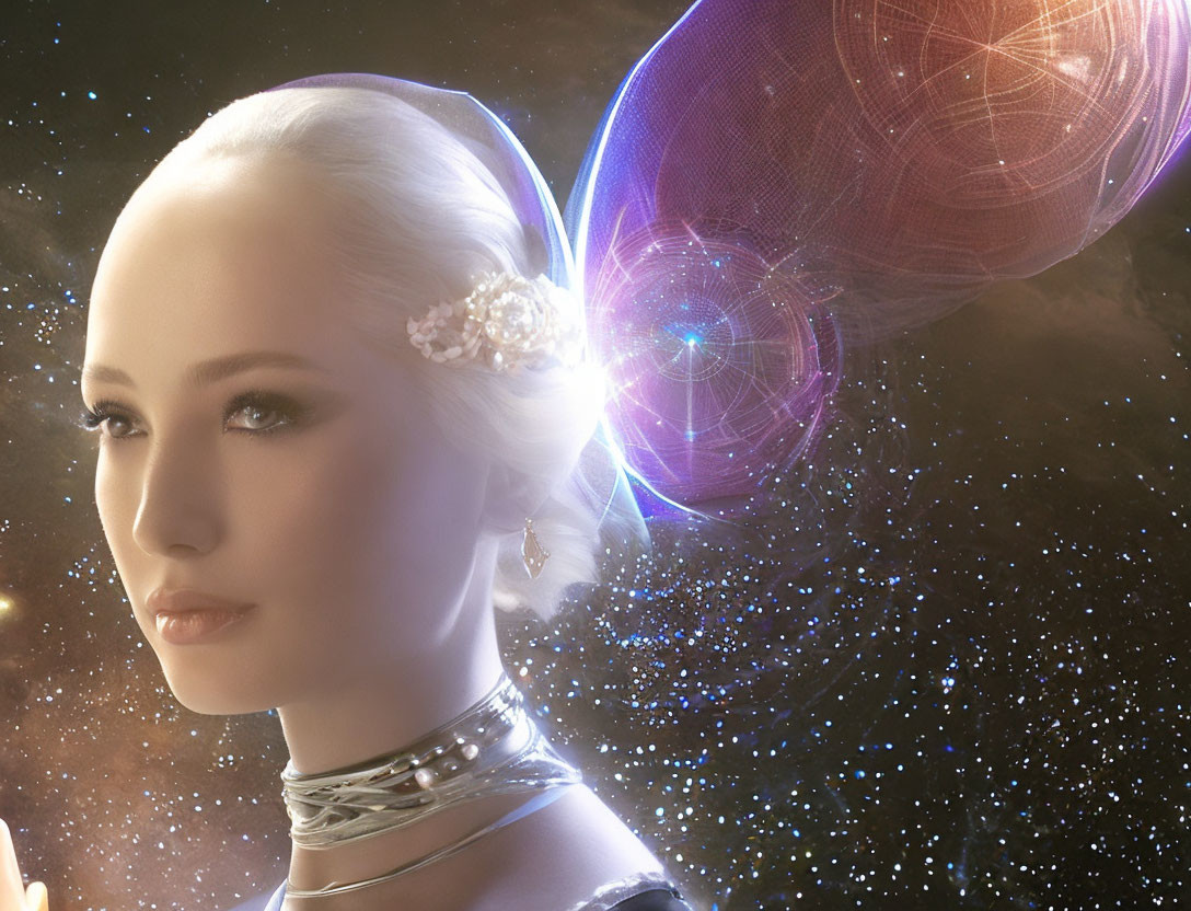 Cosmic-themed digital art of a woman with luminescent skin