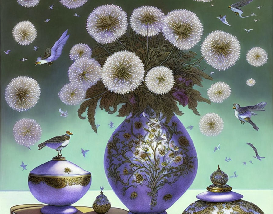 Surreal white dandelion flowers in vase with floating seeds and birds on green backdrop