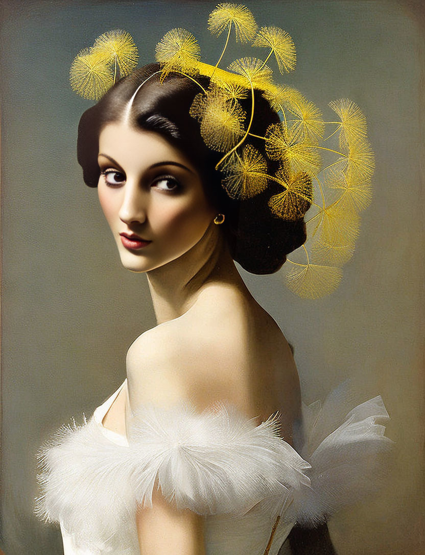 Portrait of woman in elegant feathered outfit with whimsical flower hair accessory