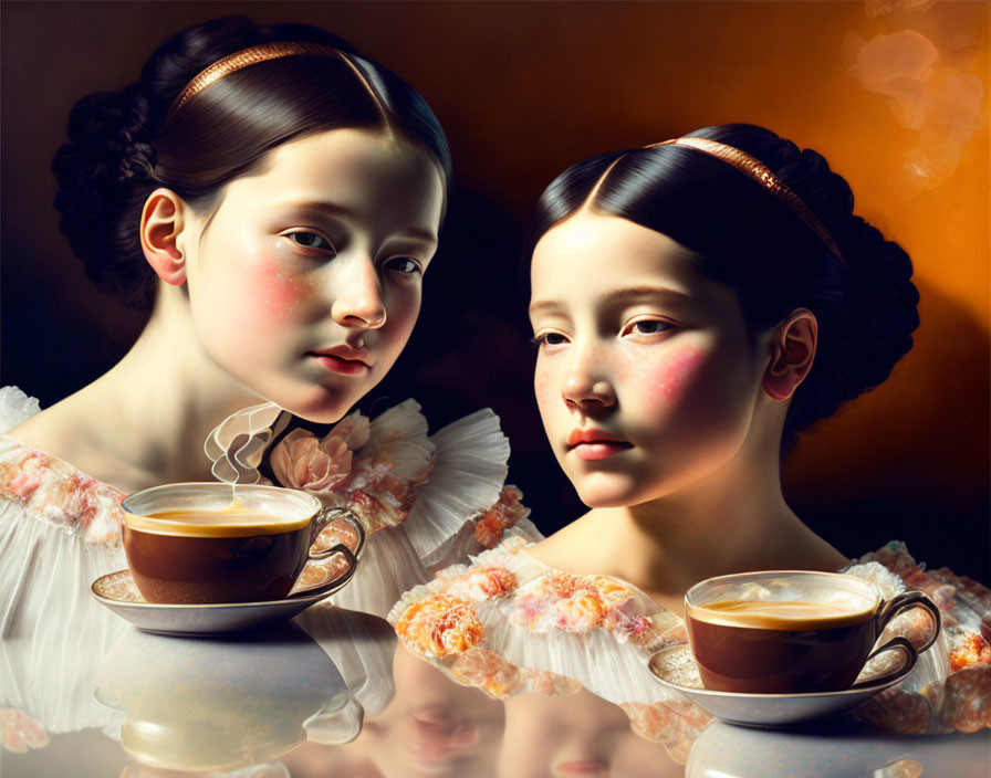 Two classical paintings of girls with coffee cups against dark background