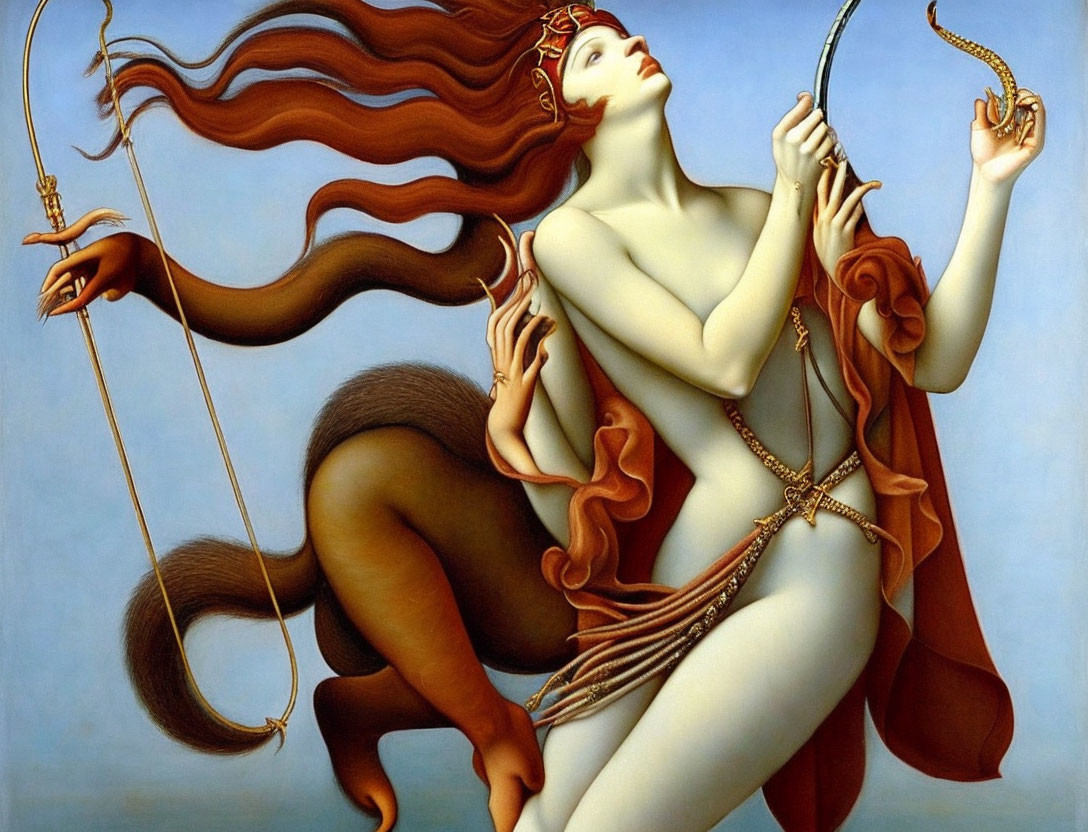 Mythological centaur woman with red hair and bow and arrow