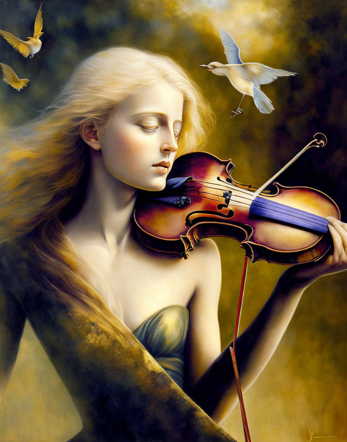 Pale woman with blonde hair holding a violin surrounded by glowing birds