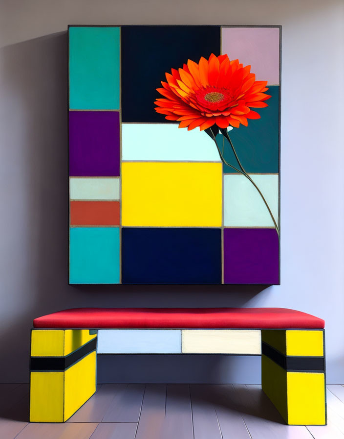 Colorful Geometric Painting with Orange Flower and Multicolored Bench