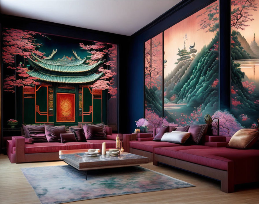 Luxurious Traditional Asian Themed Room with Red Sofas and Cherry Blossom Wall Murals