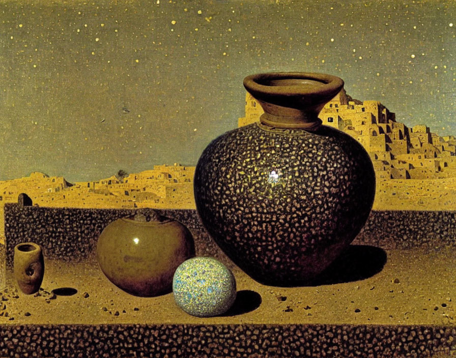 Still life painting with speckled vase, cup, sphere, starry sky, and village.