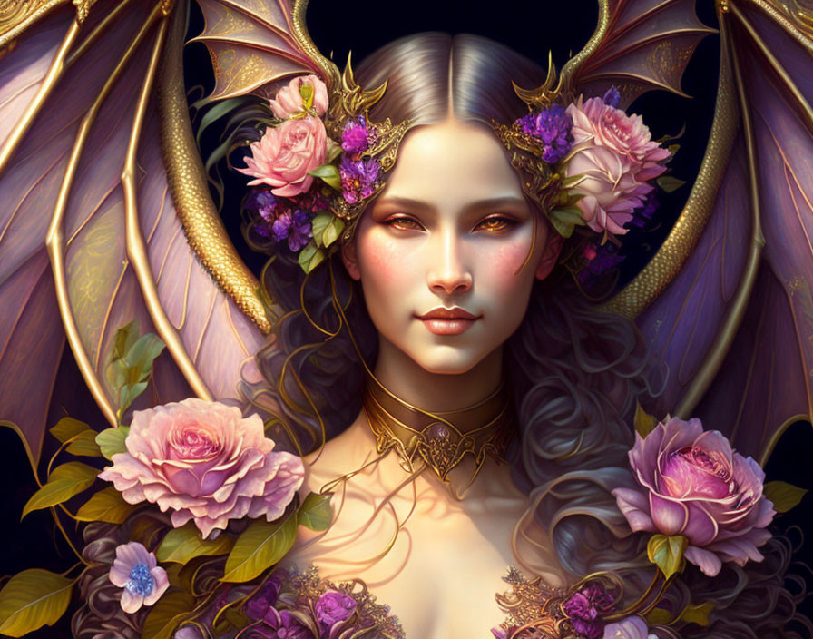 Fantasy illustration of a winged female figure with floral hair adornments