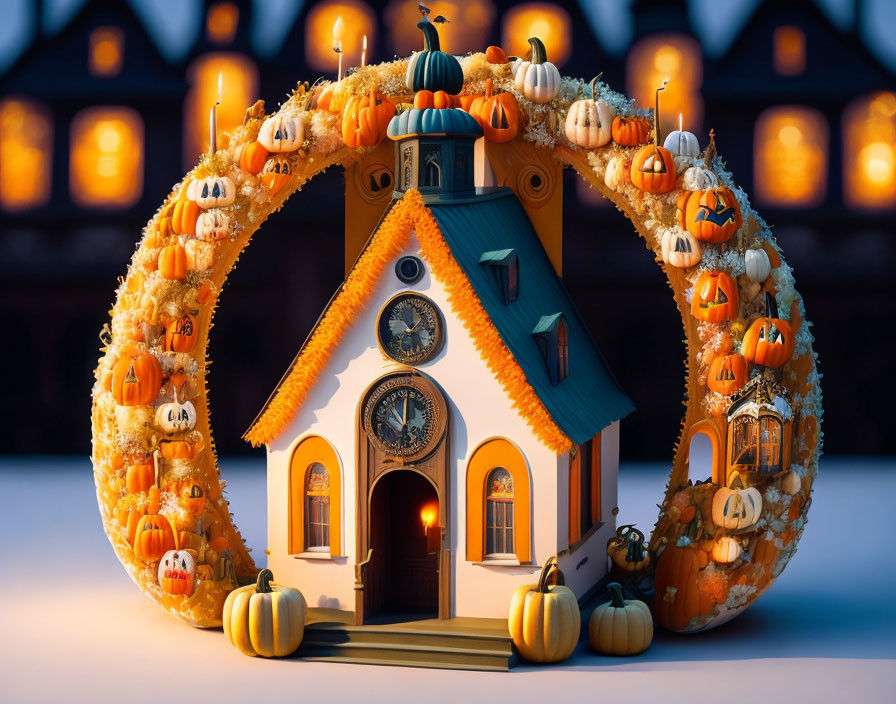 Church surrounded by carved pumpkins in Halloween illustration