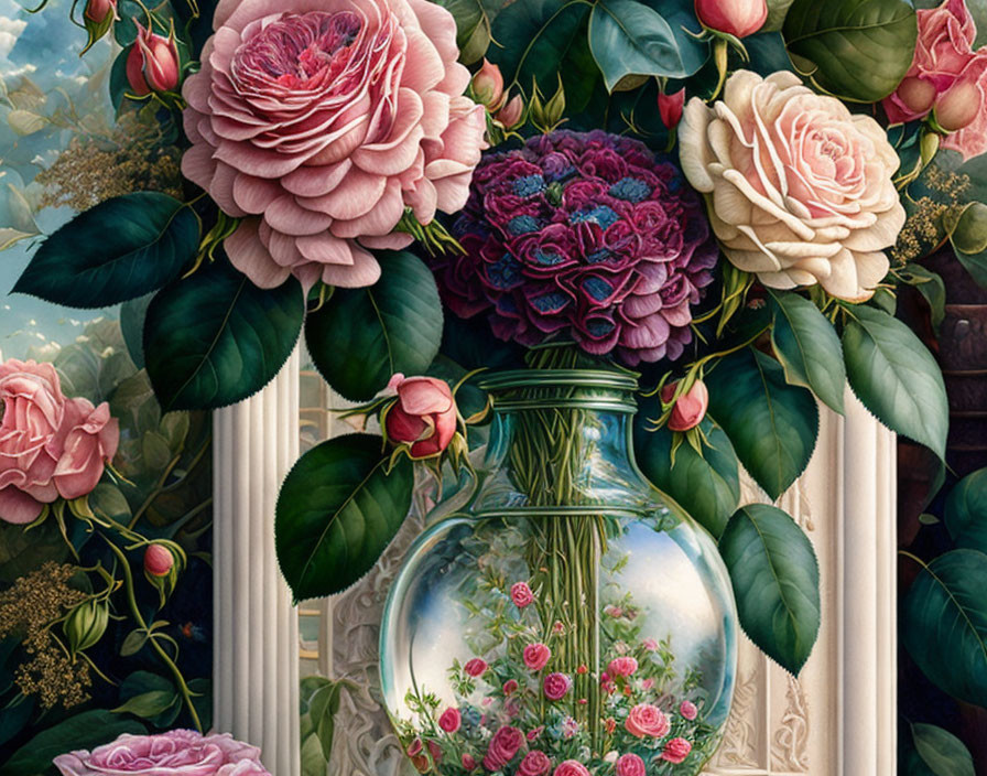 Colorful roses in glass vase with classical backdrop.