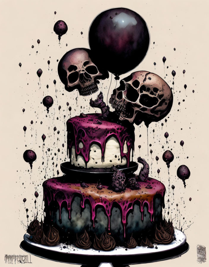 Gothic-style tiered cake with dark dripping icing, skulls, balloon, on haunting background
