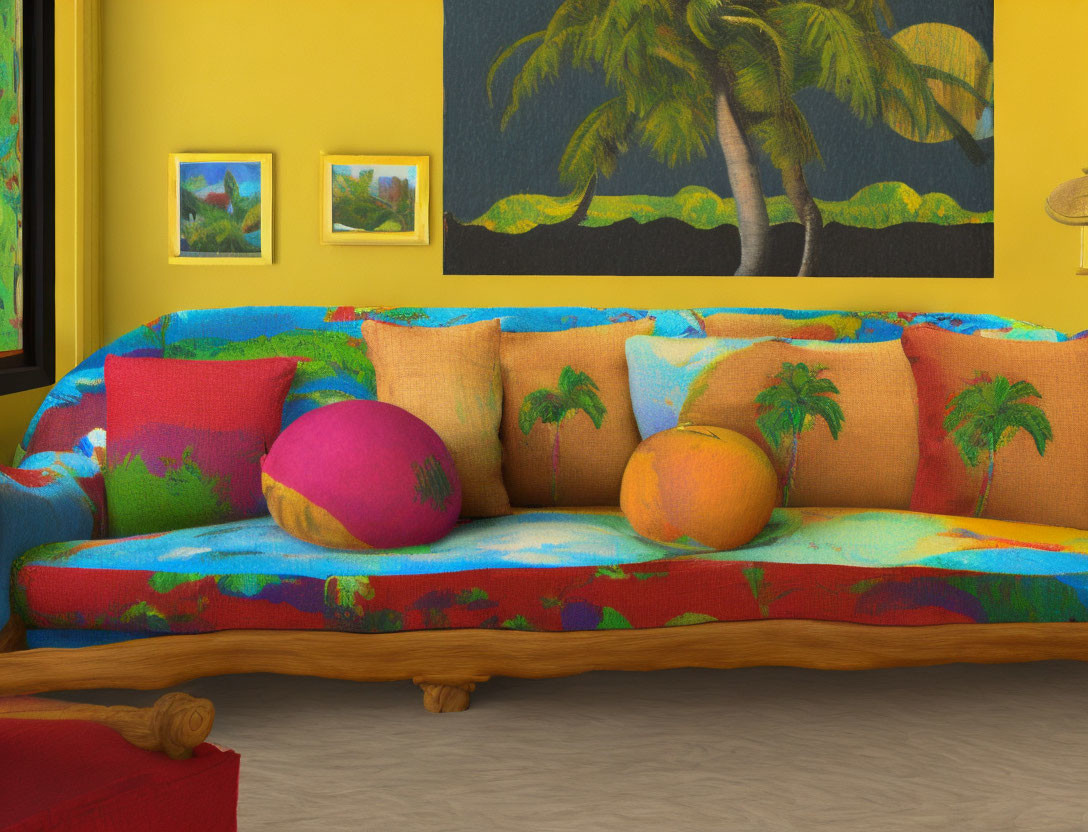 Vibrant Tropical-Themed Room with Patterned Sofa & Artwork
