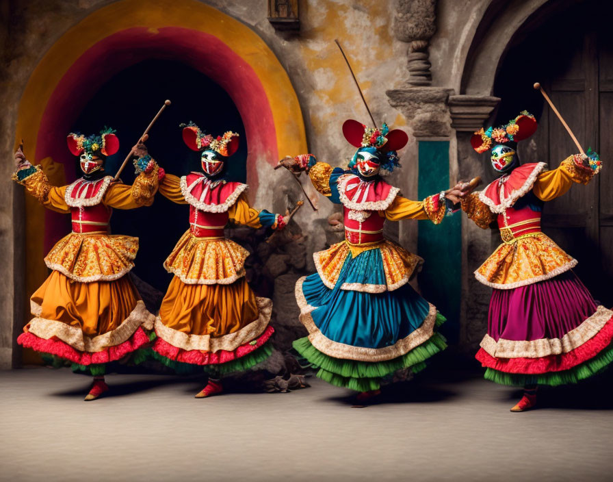 Four individuals in traditional costumes and masks performing a folk dance in an old-world setting.